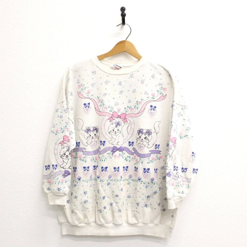 Vintage Kitty Cat Hearts Bows Flowers Sweatshirt Large